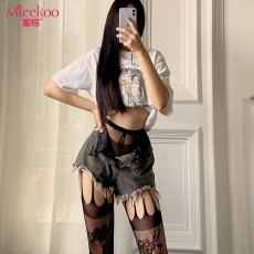 蜜恪情趣丝袜女开档镂空提花连身一体吊带袜开裆连体情趣网袜4415