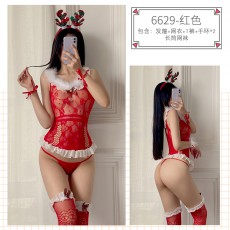 【情趣内衣】蜜恪圣诞麋鹿毛毛连体衣套装红色6629