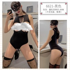 蜜恪情趣内衣兔女郎性感连体比基尼开裆制服诱惑露乳连体丝袜6621