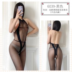 蜜恪情趣内衣挂脖提花露背丝袜连体衣女紧身衣女士诱惑透视装6039