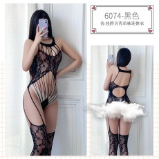 【情趣内衣】蜜恪挂脖吊袜连体网衣6074