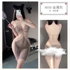 蜜恪情趣内衣女式性感链条情趣铁链漏胸开裆夜店连体衣露乳8658